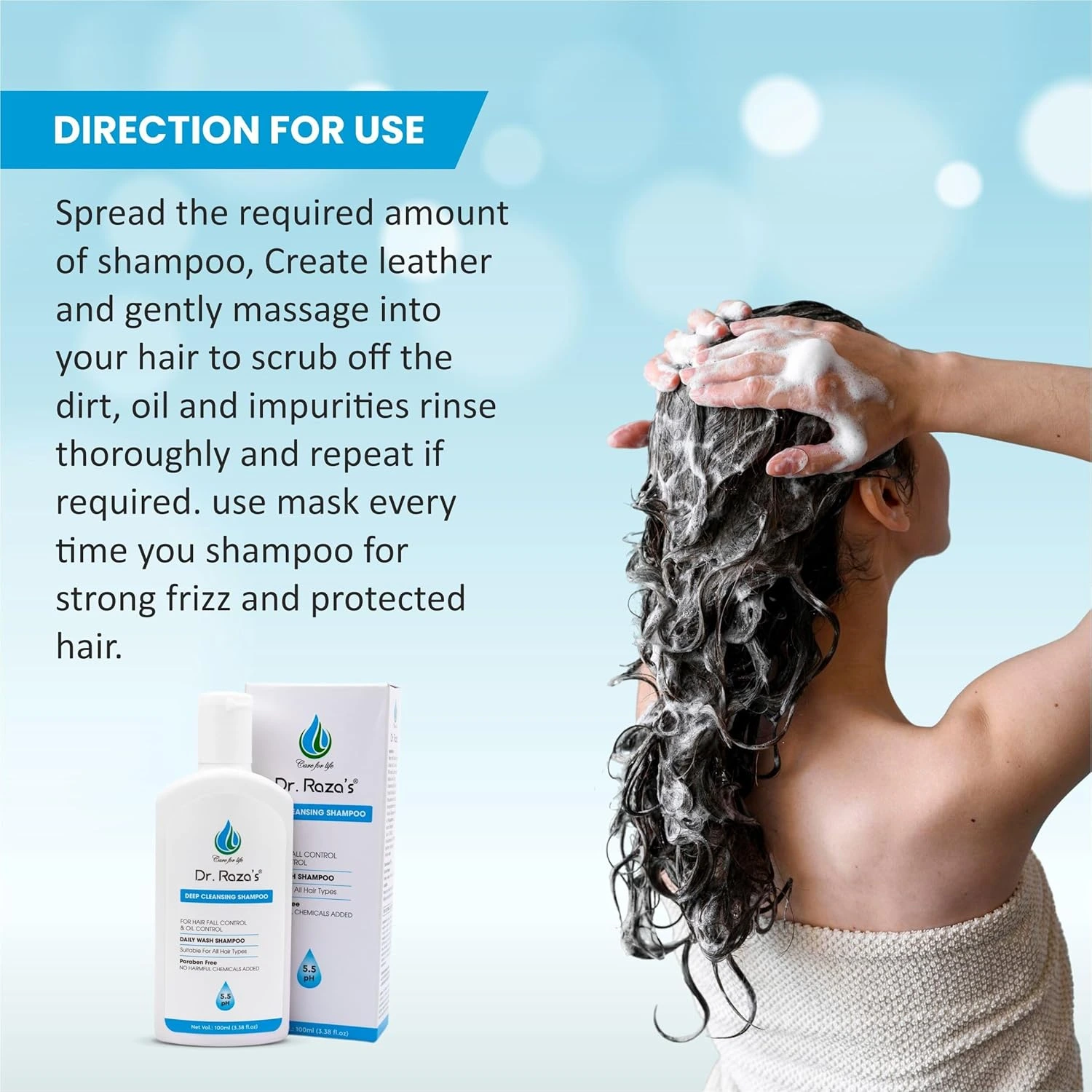 Dr. Raza's Deep Cleansing Shampoo for Hair Fall and Oil Control, Daily Wash, All Hair Types, Paraben-Free, 100ml