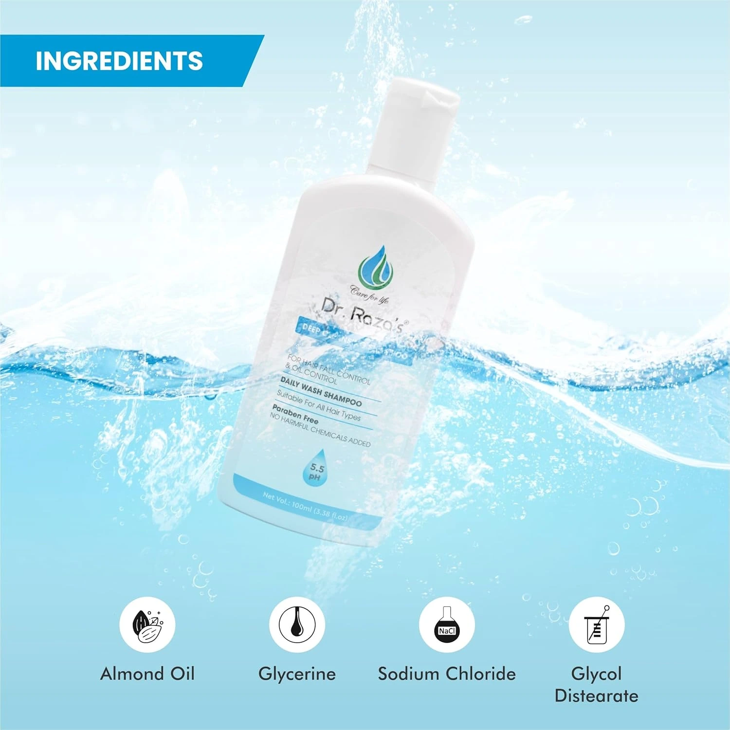 Dr. Raza's Deep Cleansing Shampoo for Hair Fall and Oil Control, Daily Wash, All Hair Types, Paraben-Free, 100ml