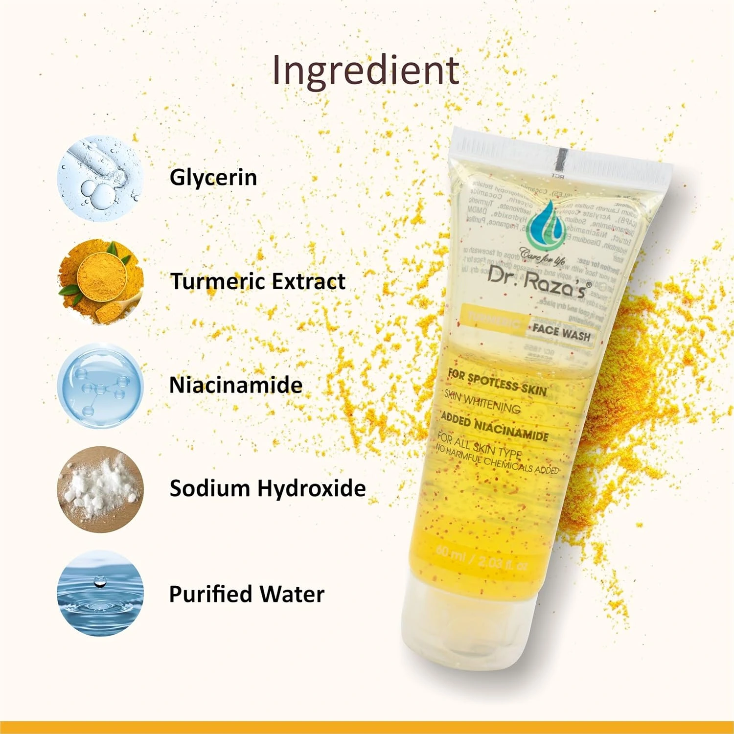 Dr. Raza's Turmeric Face Wash, Deep Cleansing and Brightening, 60ml