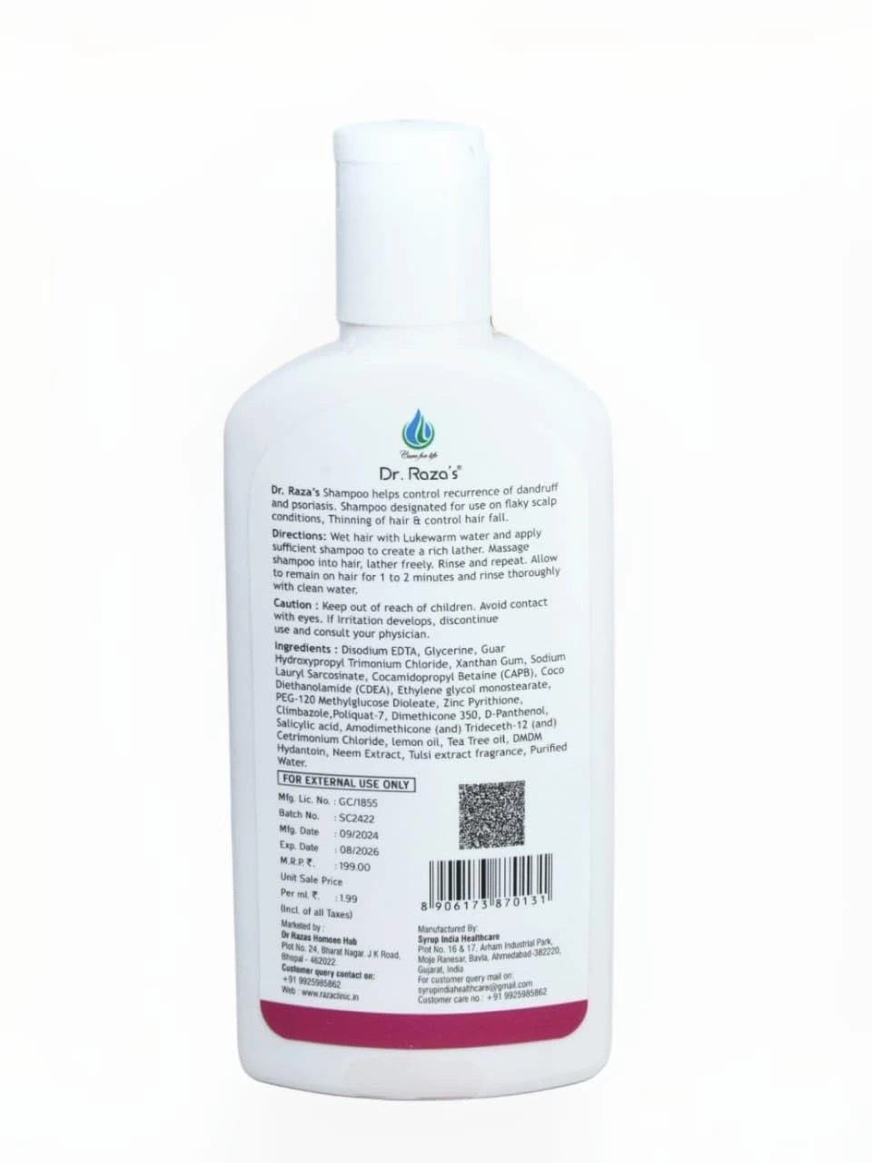 Dr. Raza's Hair Shampoo with Tulsi & Neem, Anti-Dandruff & Hair Fall Control, Paraben & Sulphate-Free, 100ml