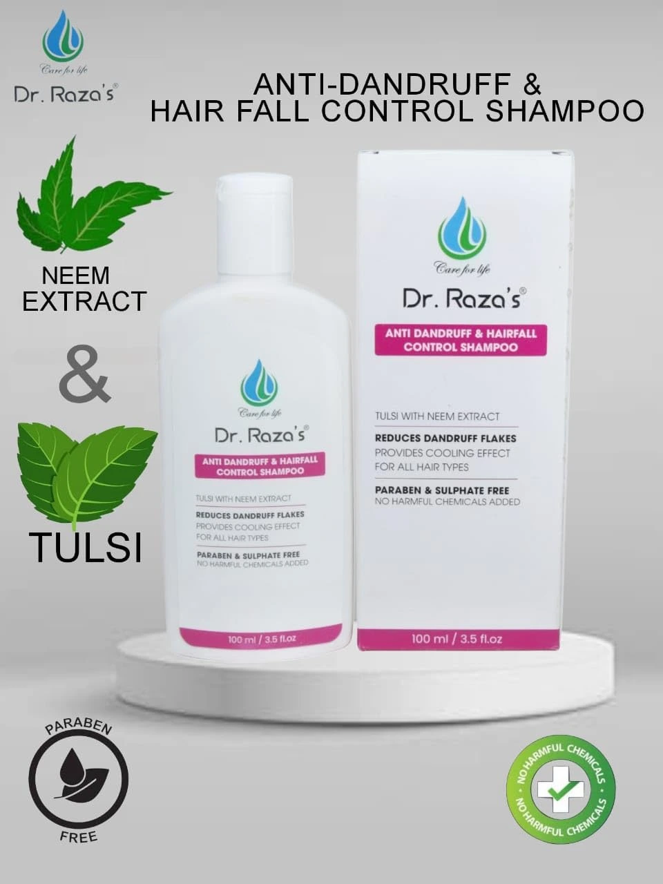 Dr. Raza's Hair Shampoo with Tulsi & Neem, Anti-Dandruff & Hair Fall Control, Paraben & Sulphate-Free, 100ml