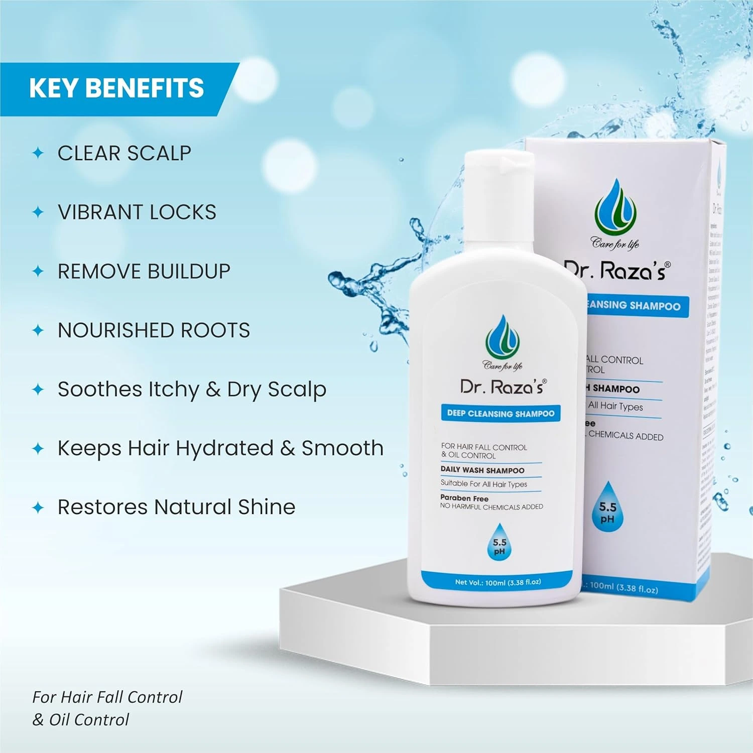 Dr. Raza's Deep Cleansing Shampoo for Hair Fall and Oil Control, Daily Wash, All Hair Types, Paraben-Free, 100ml